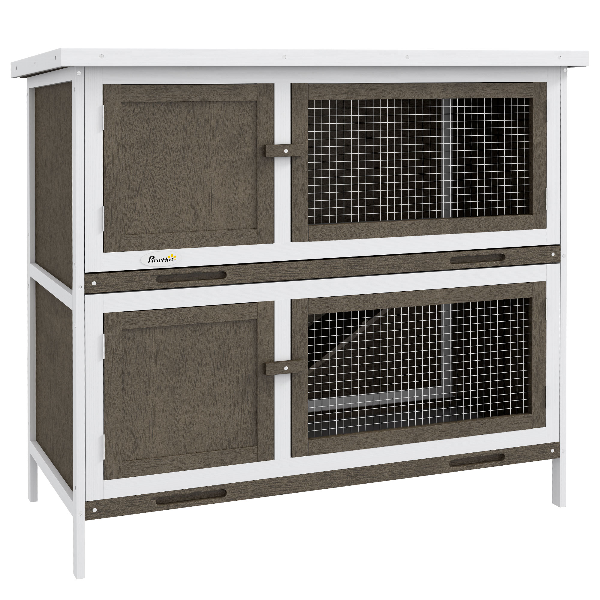 Gaiola de madeira PawHut para coelhos, com 2 andares, 97x44x91 cm, telhado de asfalto, portas com trava, bandejas removíveis e rampa para 2 coelhos, marrom.