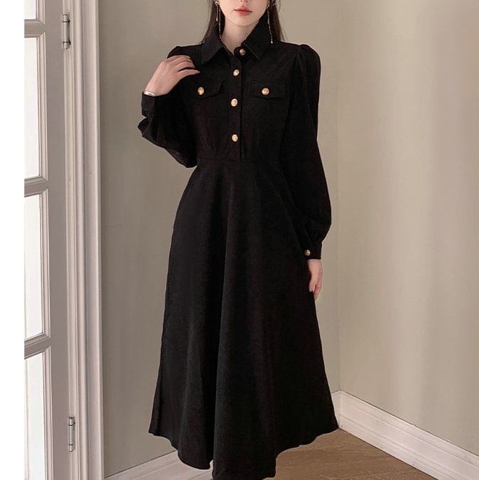 aistera - Lange mouwen, coltrui, effen corduroy midi-lijn jurk
