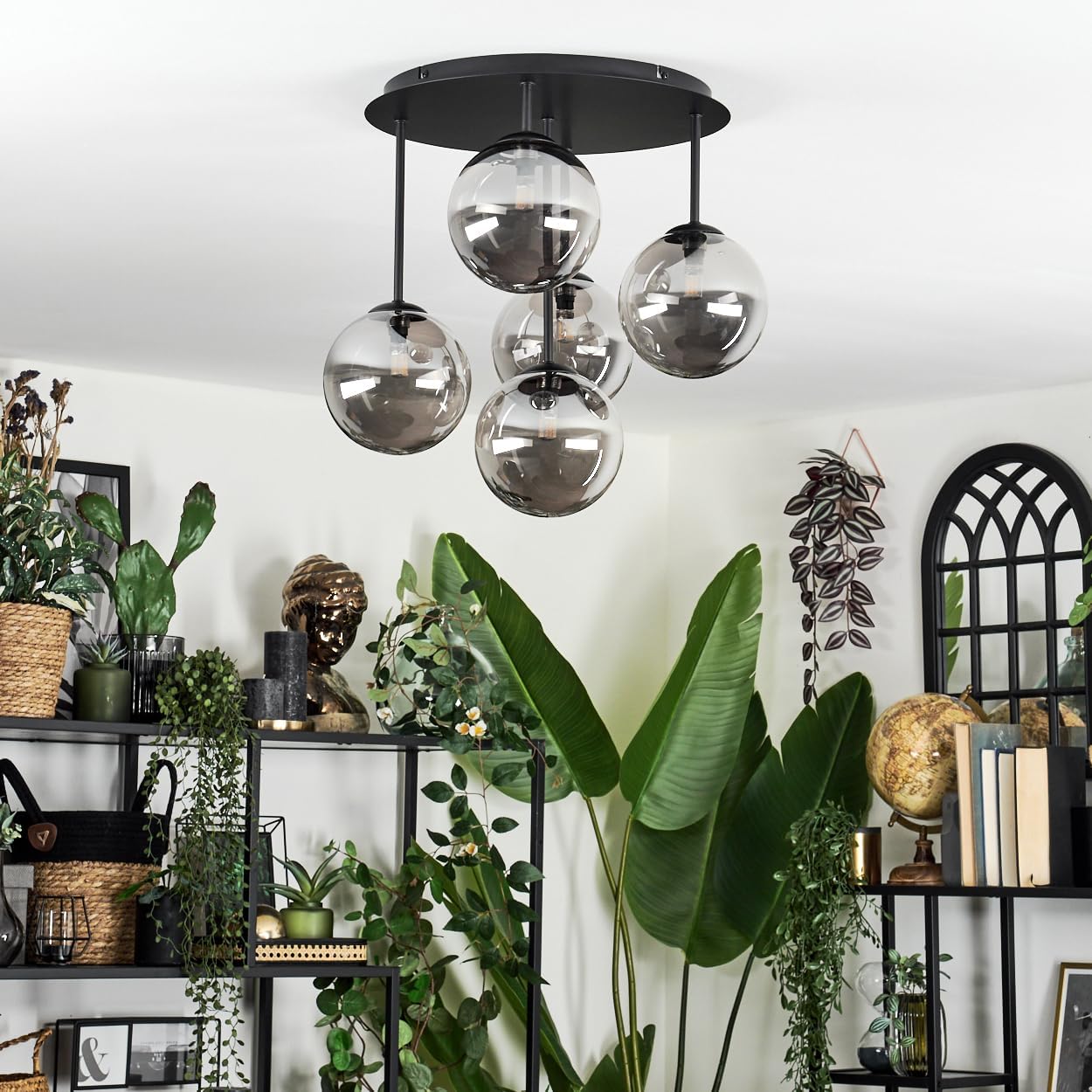 HOFSTEIN Deckenleuchte Chehalis, 5-flammige Deckenlampe aus Metall/Glas in Schwarz/Rauch, moderne Leuchte im Retro/Vintage-Design (Schirme Ø 15 cm), G9, Esszimmer, Wohnzimmer, Schlafzimmer, Küche
