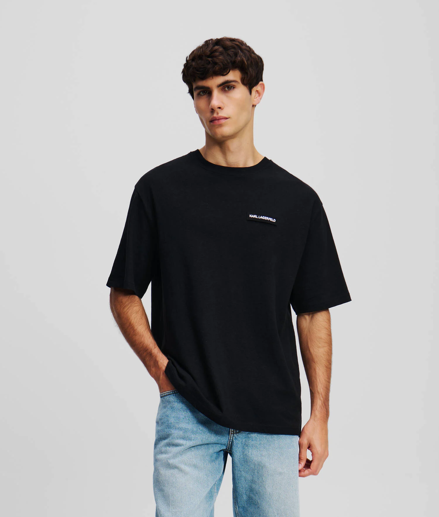 T-SHIRT EN LIN MÉLANGÉ AVEC LOGO KARL - Noir