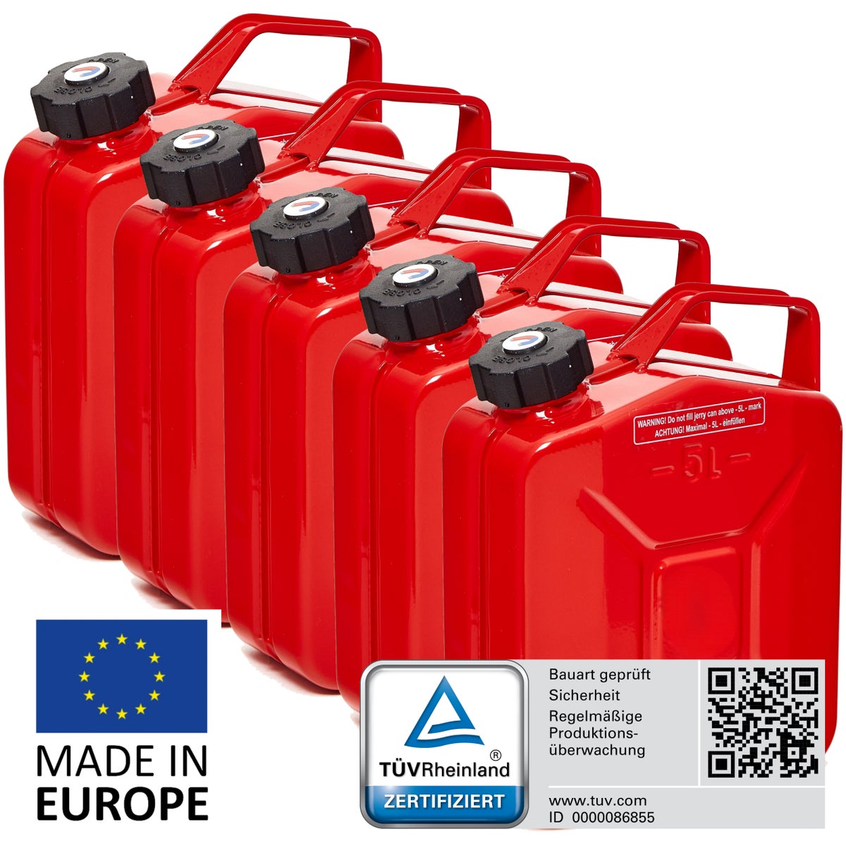 BW Metalen Brandstofbussen, Benzineblikken, 5 x 5 liter met Schroefdop - Rood - RAL 3000 - TÜV-getest en UN-goedgekeurd - Gemaakt in Europa