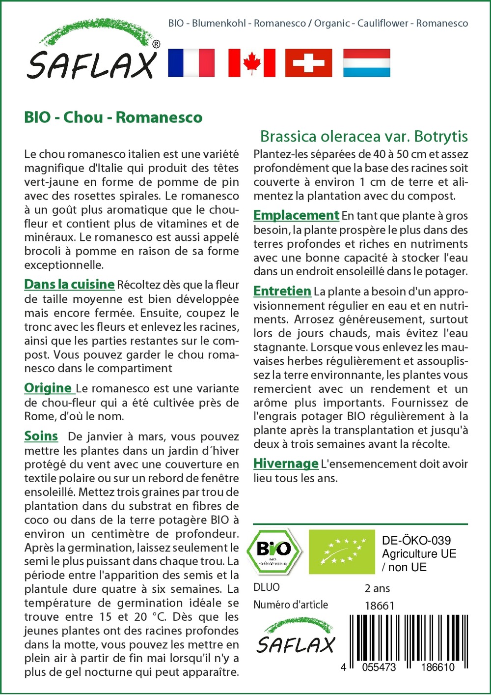 Jardin dans le sac - bio - chou - romanesco - 50 graines - brassica oleracea var. Botrytis