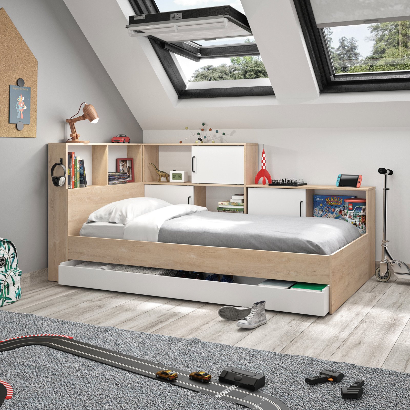 Bett Erwan Dekor Natur weiss 90 x 200 cm, mit Stauraum