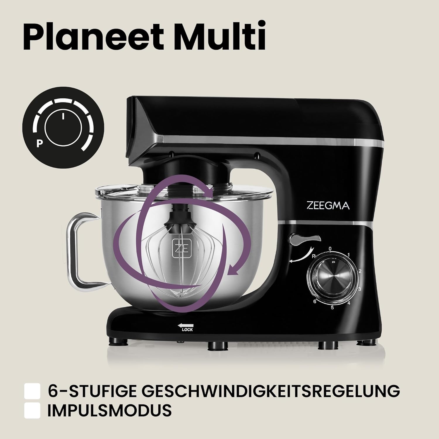 ZEEGMA PLANEET MULTI 1900 W 3-in-1-Planeten-Küchenmaschine, multifunktionale Küchenmaschine mit 6,2-l-Schüssel mit Griff und Deckel, Standmixer, Fleischwolf, 6 Geschwindigkeiten