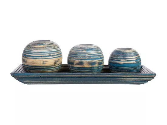 Ensemble plateau et 3 bougeoirs en bois de bambou bleu 33x13x3h cm