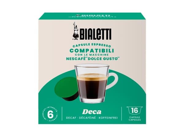 Bialetti Decaffeinato, Kaffe kapsyl, Koffeinfri kaffe, Dolce Gusto, Sort, Grønn, Nescafe Dolce Gusto, 16 stykker