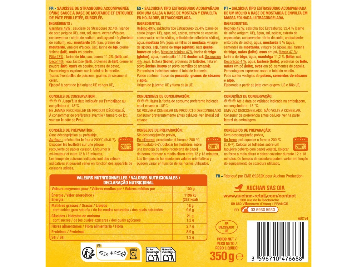 MINI FOLHADOS SALSICHAS AUCHAN COM MOLHO MOSTARDA 20UN 350G