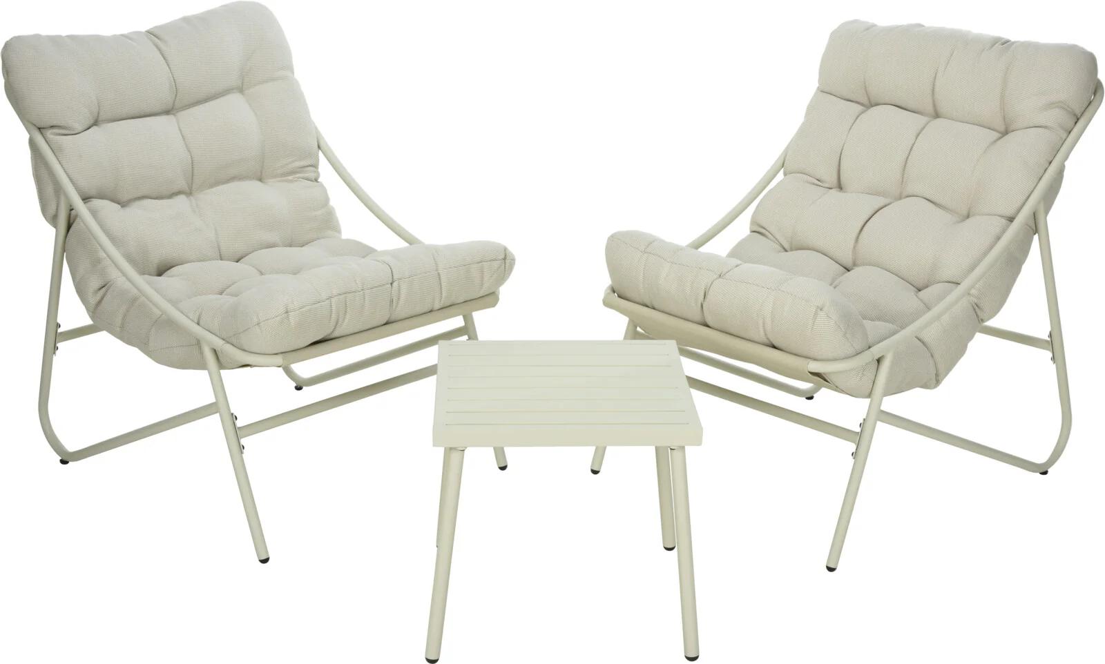SALON DUO RELAX 2 CHAISES 1 TABLE ACIER CREME
