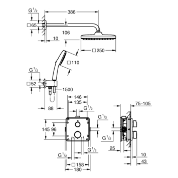 Grohe Precision Thermostat Perfect inbouw douchesysteem met  Vitalio Comfort 250 hoofddouche vierkant Mat Zwart