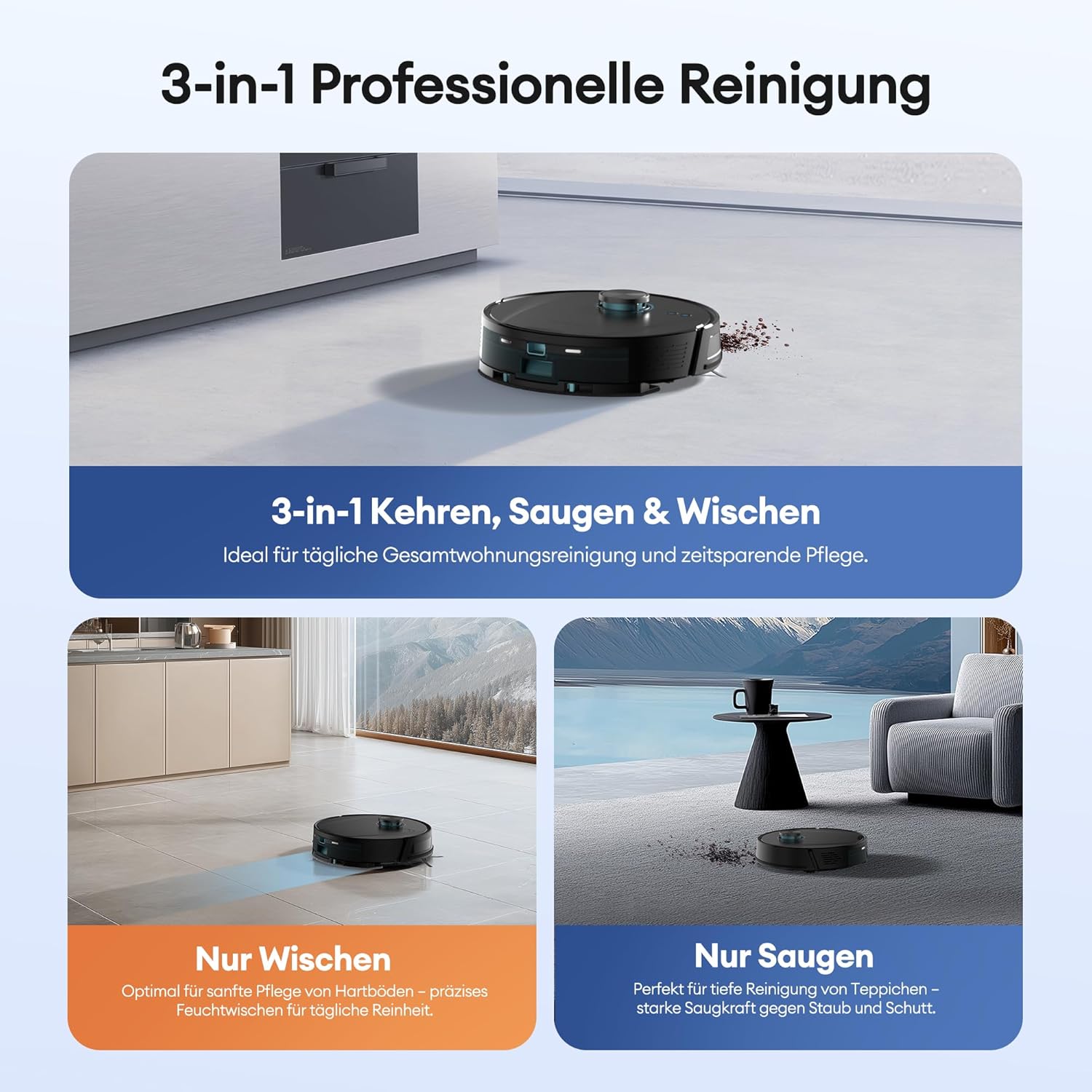 Ultenic T20 Pro Saugroboter mit Wischfunktion 8000 Pa, Staubsauger Roboter mit Absaugstation 3,5 L, Staubsaugroboter für Tierhaare Teppich Böden, AI-gestützte Laser-Hindernisvermeidung, APP-Bedienbar