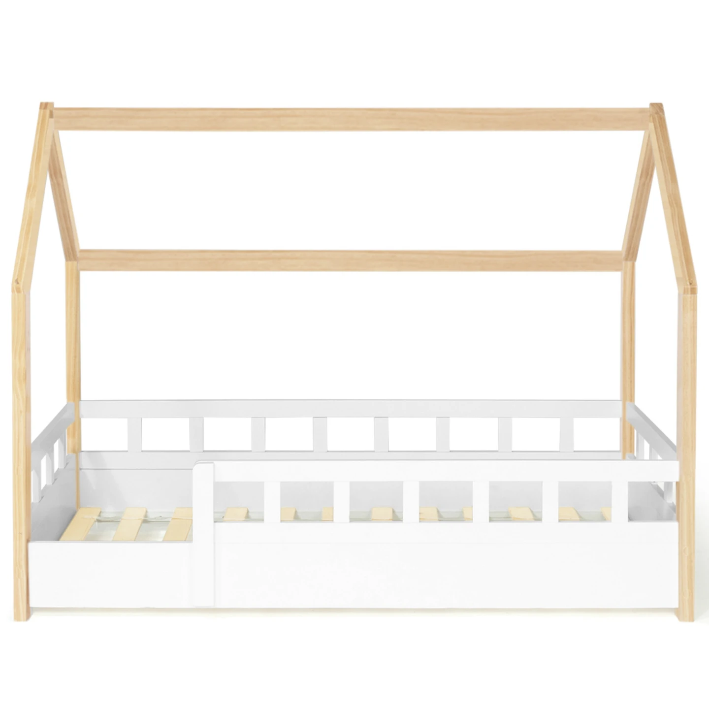 Lit cabane enfant 80 x 160 CM NEREE blanc et hêtre avec sommier et barrières