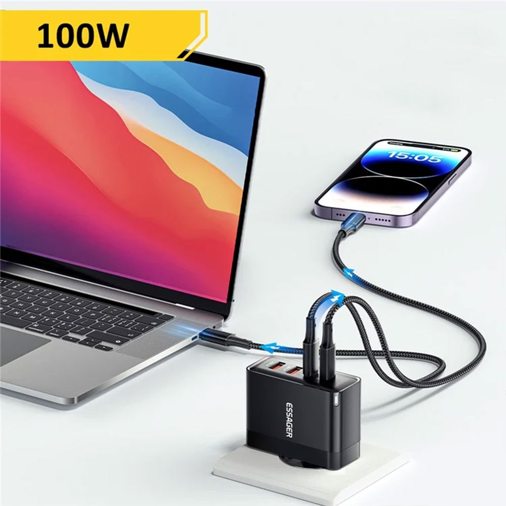 (100W) 2x USB A / 2x USB C GaN Ladegerät Netzteil Power Delivery / Quick Charge - Schwarz