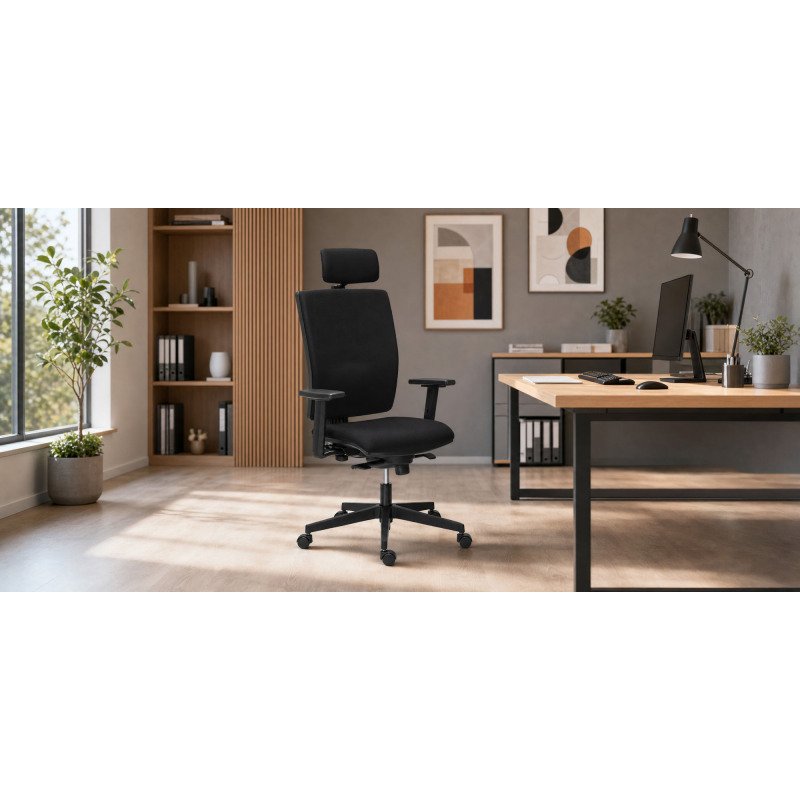 Chaise de bureau Bruneau Activ' Tissu - Dossier haut avec soutien lombaire - Avec têtière - Pieds noir