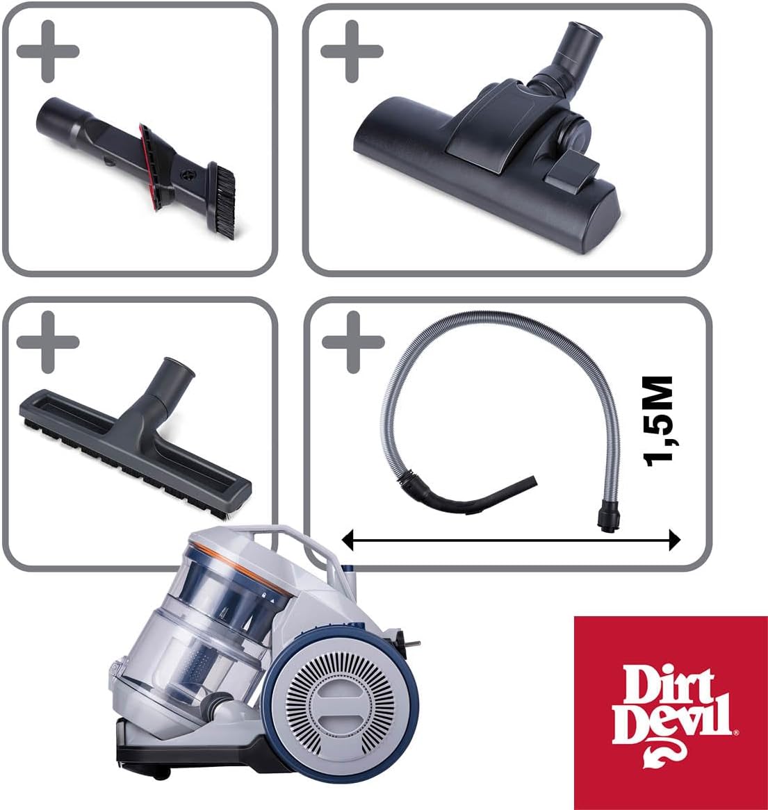 Dirt Devil Staubsauger ohne Beutel DD2501 - Bodenstaubsauger 850W - HEPA 12 Filter - 7.5M Reichweite - mit Combibrush, Versenkter Bürste und Parkettbürste - 5.5KG - Staubsammelbox 1.5L - Grau/Bl