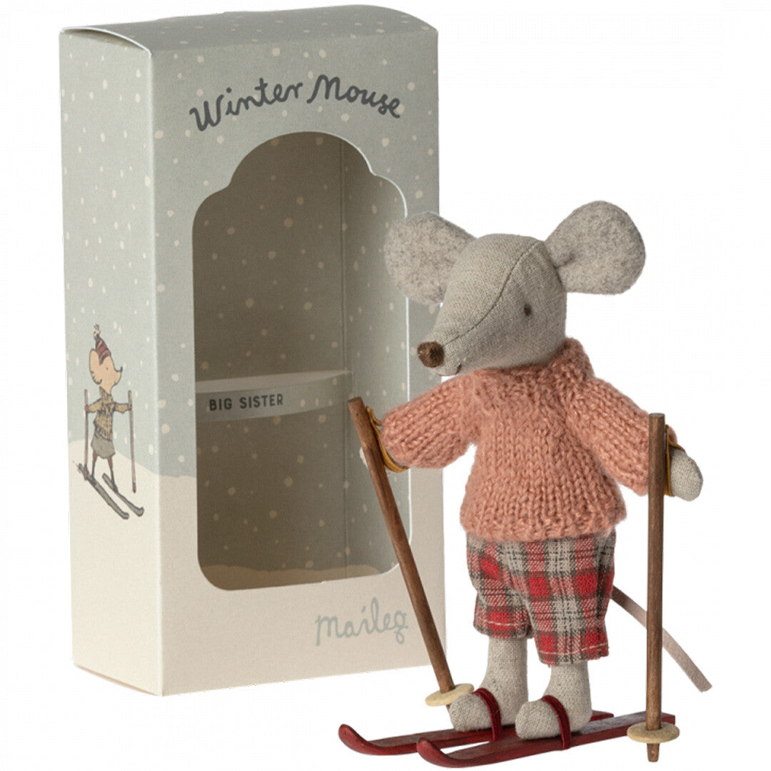 Maileg knuffelmuis grote zus op ski's - 13 cm