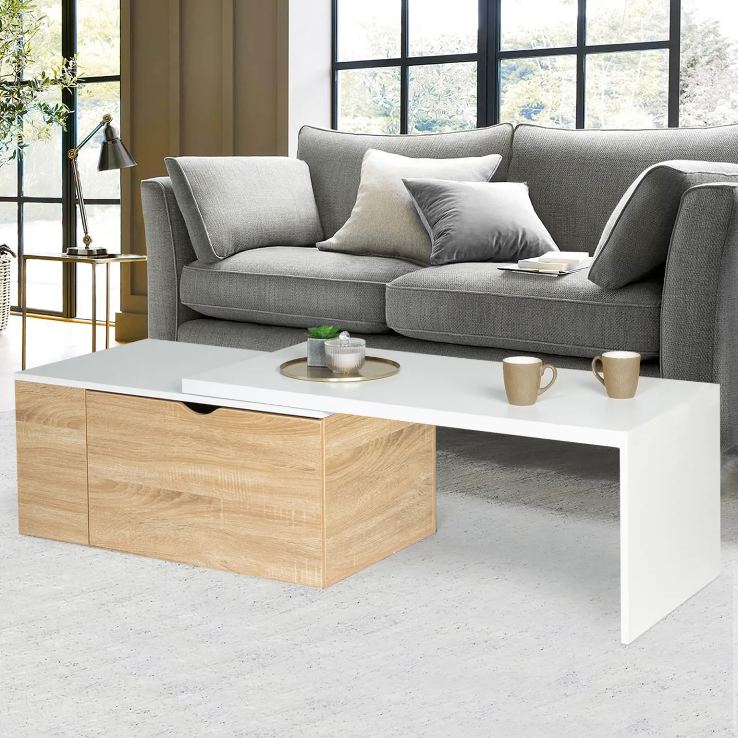 Table basse rotative bois et blanc 360° LIZZI extensible avec coffre