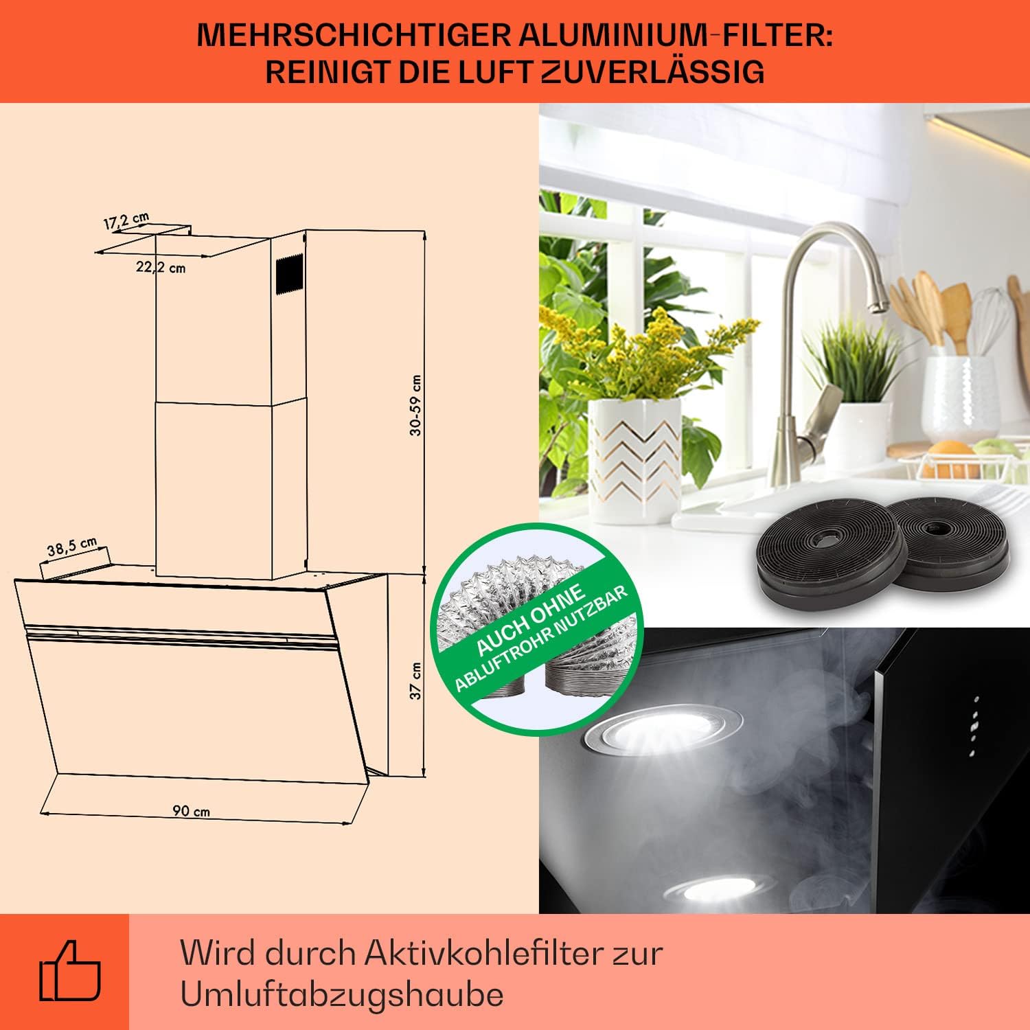 Klarstein Alina 90 Dunstabzugshaube - 600 m³/h, Touchpanel, LED-Hintergrundbeleuchtung, Energieklasse A, Leise 63 dB, Abzugshaube Küche, 90 cm, Schwarz