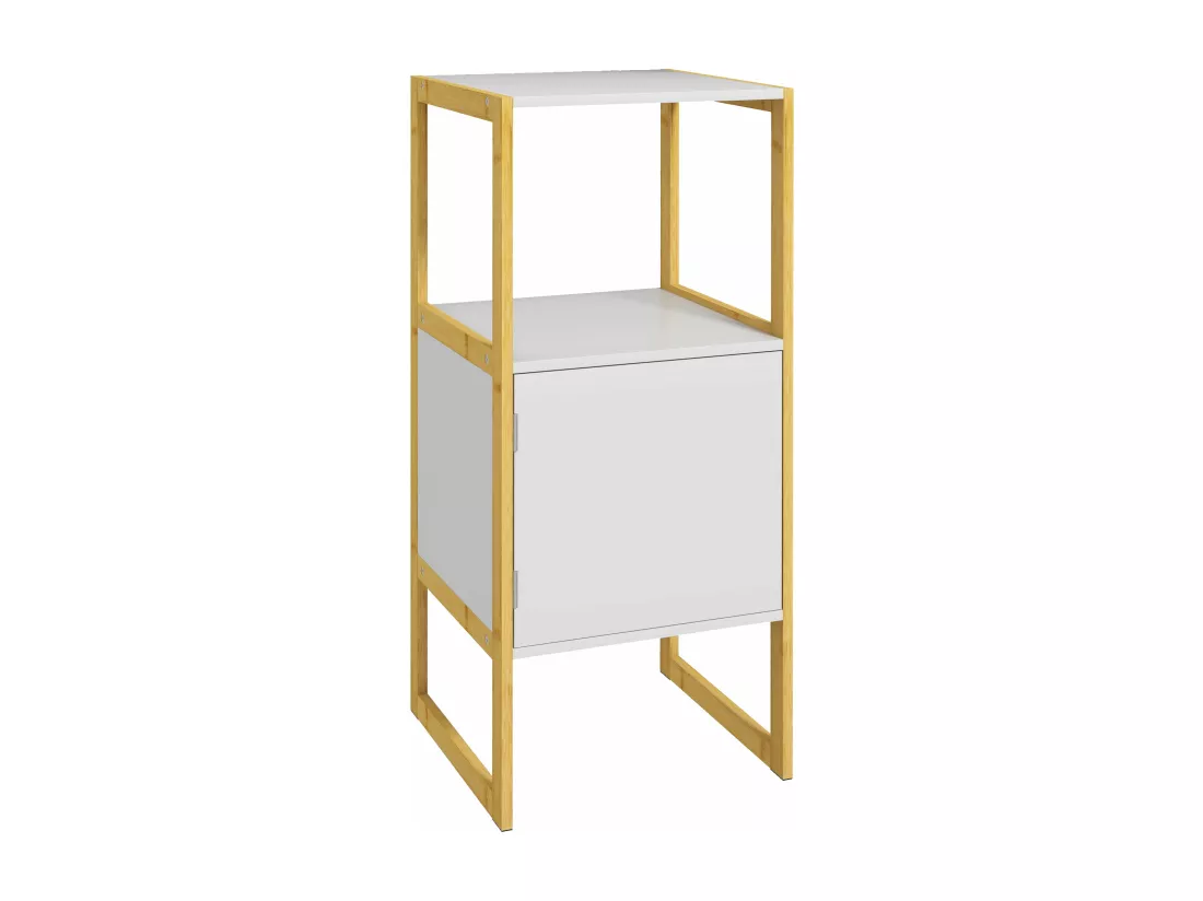 Meuble bas salle de bain - porte, étagère, plateau - châssis piètement bambou MDF blanc