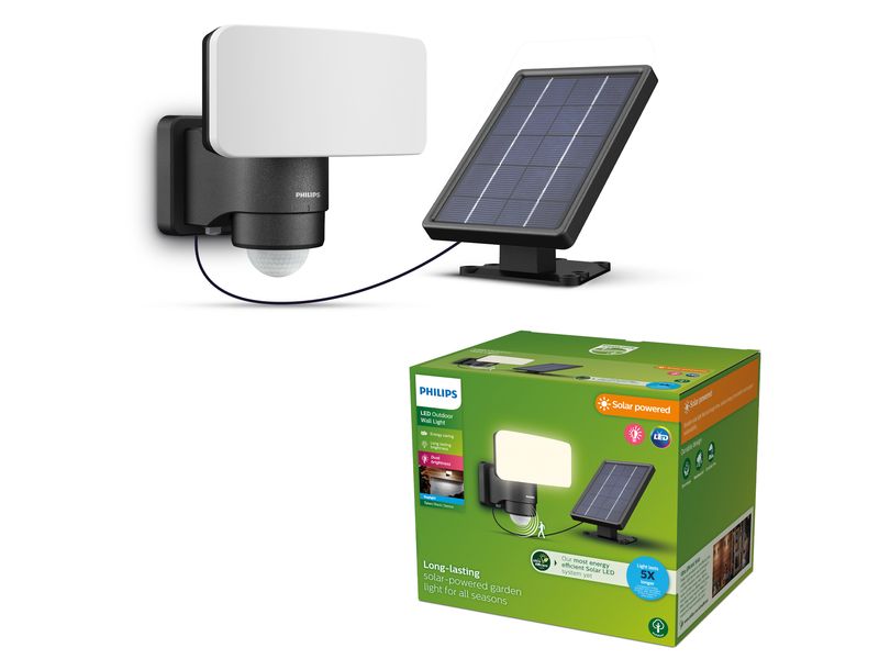 Philips Tylus Flutlicht Solar UE 5000K schwarz Solarbetriebene Aussenwandleuchte mit Tageslicht- und Bewegungssensor
