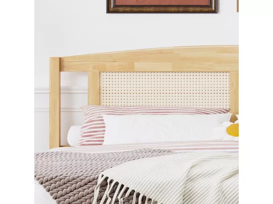 Lit adulte 160x200cm Lit double avec 15 lattes et pieds centraux pin + rotin PE Naturel