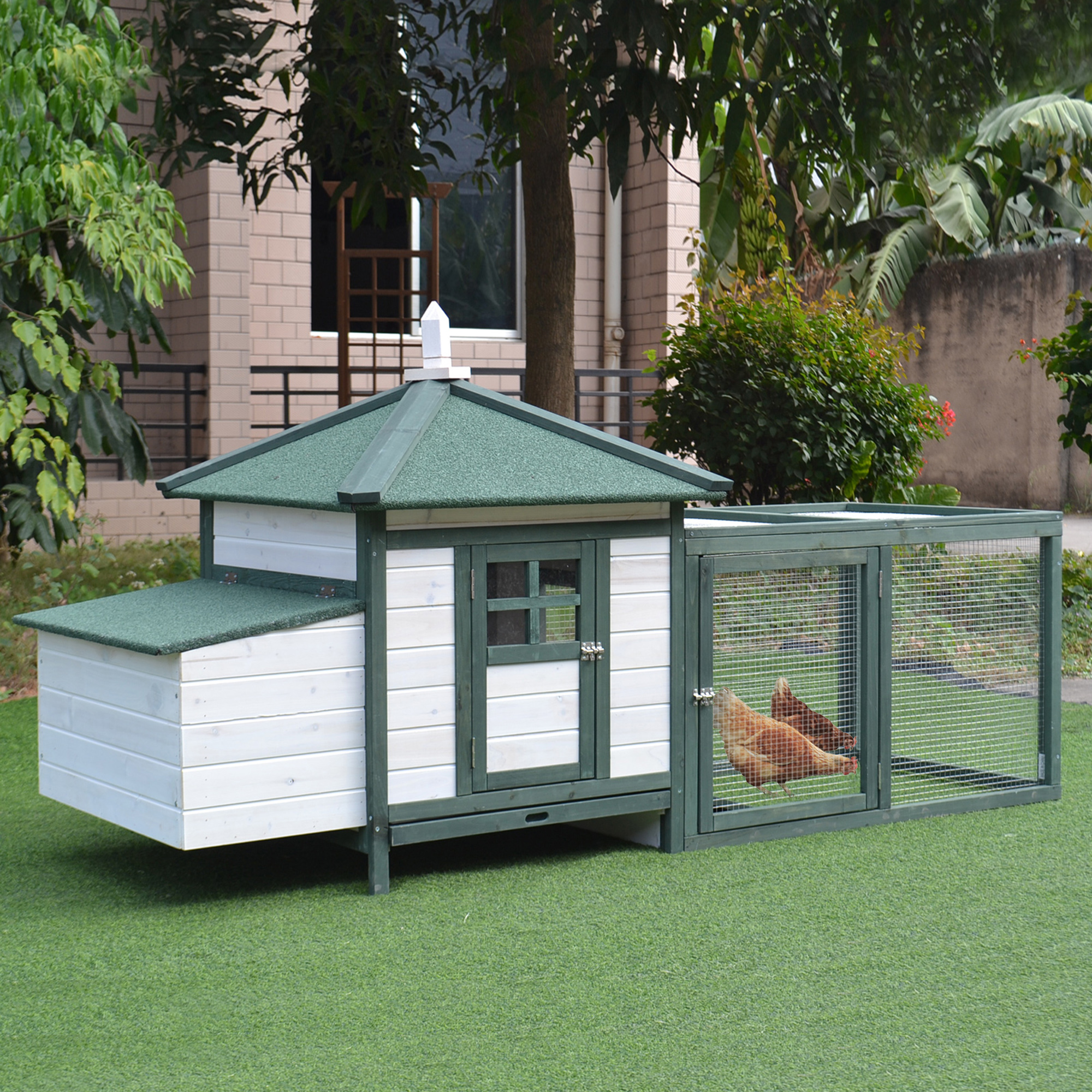 Galinheiro PawHut em madeira de pinho para galinhas, com ninho, bandeja removível e espaço para correr, 196x76x97 cm, verde e branco.