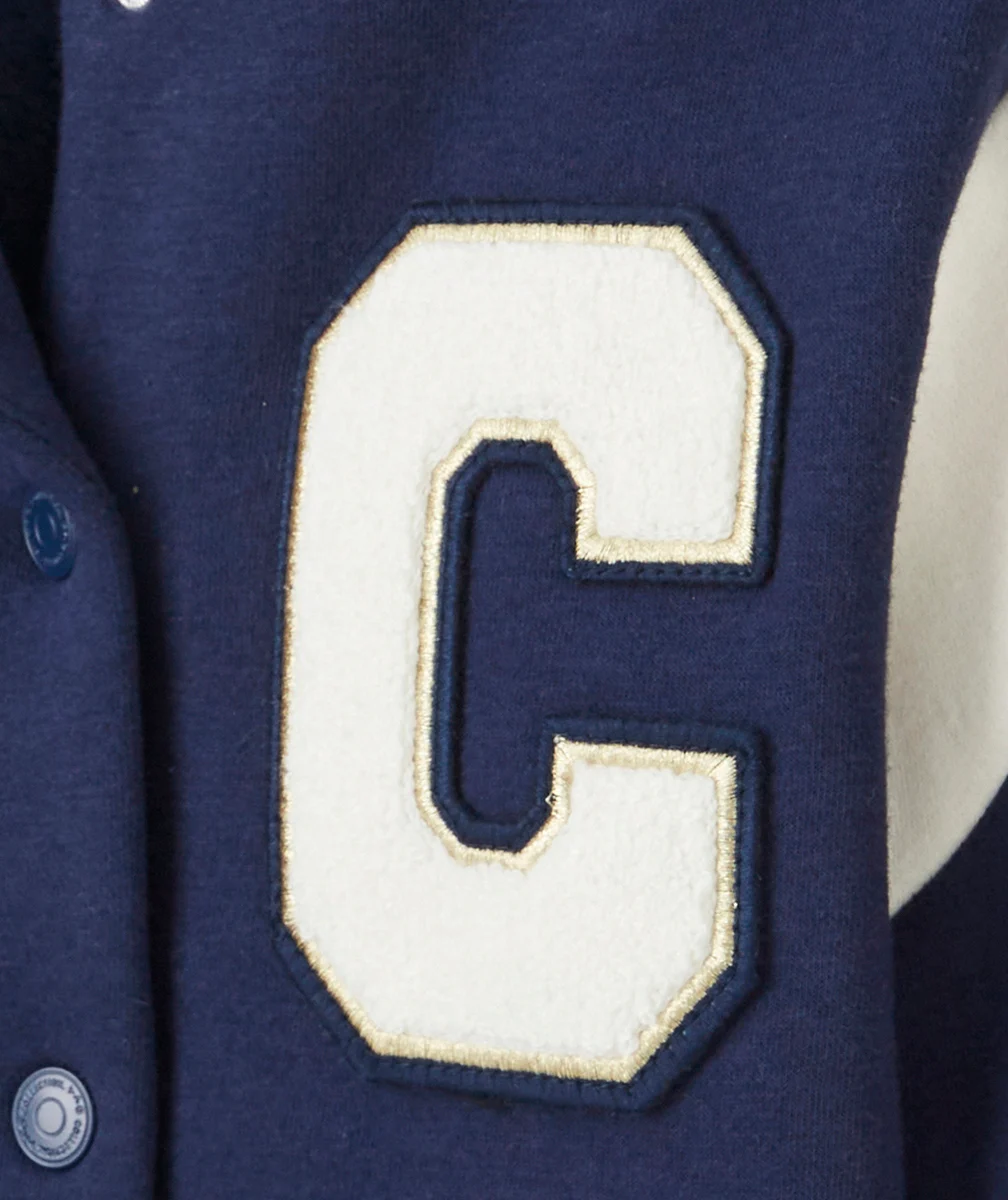 VESTE TEDDY FILLE EN FIBRES RECYCLÉES BLEU MARINE AVEC PATCH LETTRE