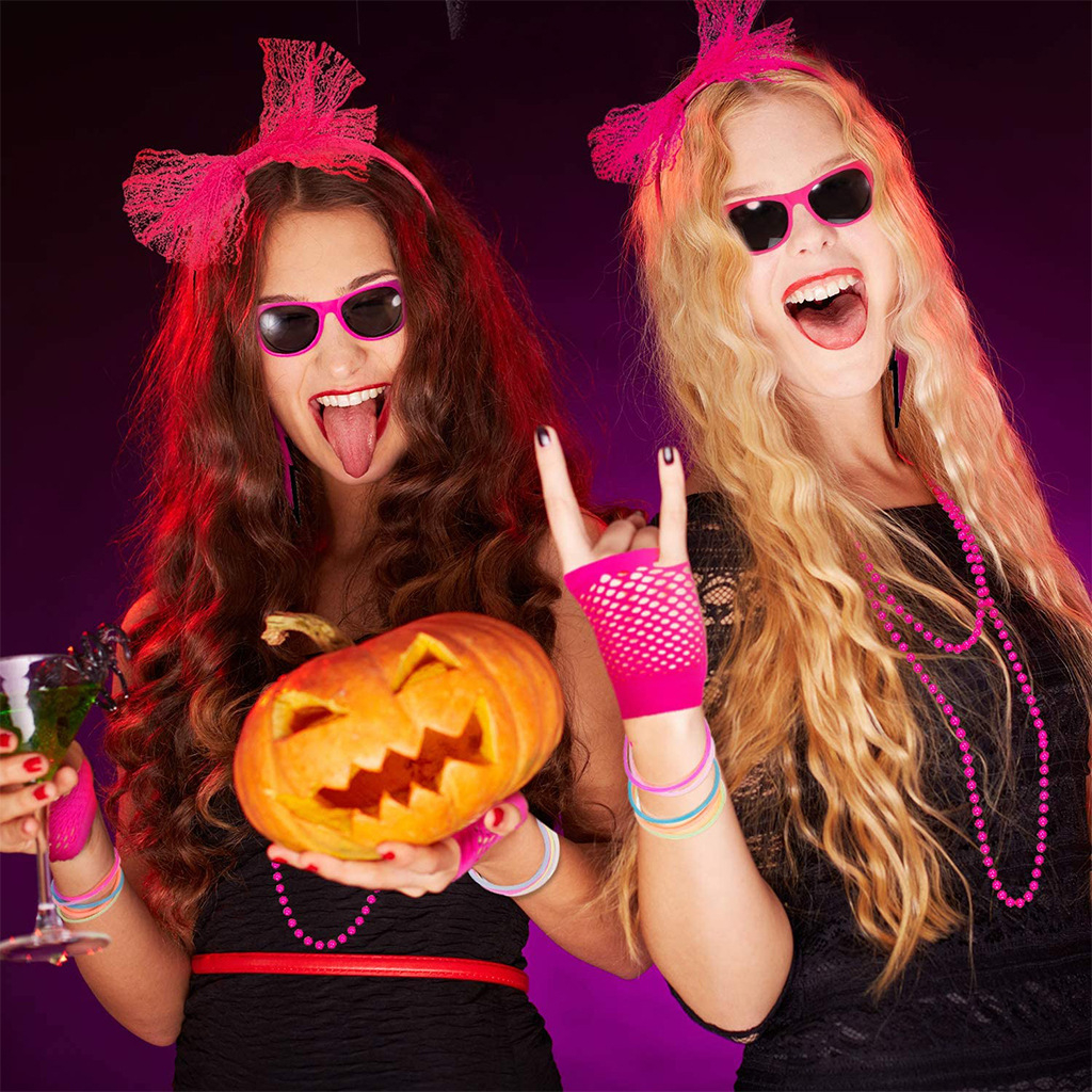 (19-tlg. Set) Fasnachts Erwachsenen Kostüm 80er Jahre Neon Verkleidung für Motto Partys inkl. Netzhandschuhe / Tüllrock / Stulpen / Brille - Pink