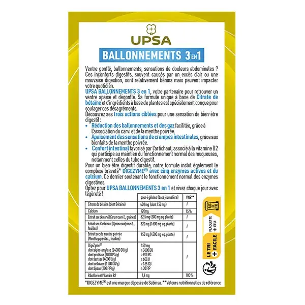 UPSA Ballonements & gaz 3 en 1 Made in France - confort intestinal - 40 gélules