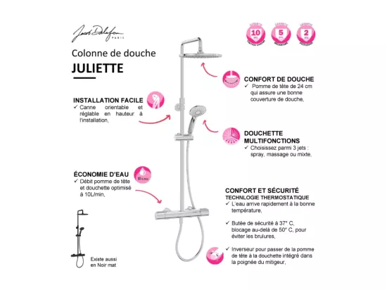 Colonne de douche thermostatique JACOB DELAFON Juliette chromé + tablette de douche