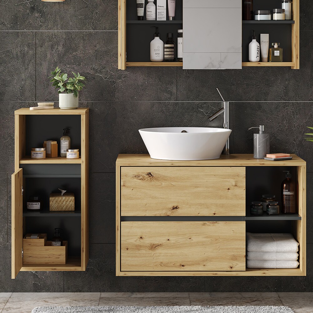 Vicco Badmöbelset Viola Eiche Anthrazit modern Badezimmerschrank Badschrank Badezimmermöbel Waschtischunterschrank Spiegelschrank Midischrank Schranktür Schrankfach Ablage Aufbewahrung