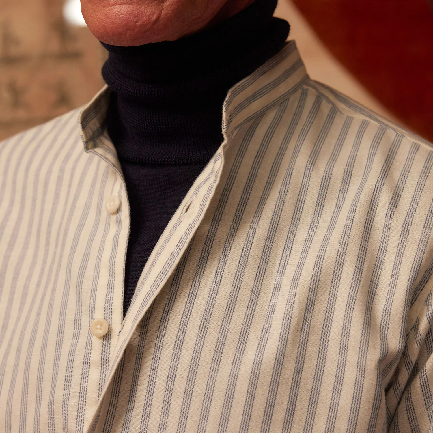 Ecru cotton and linen flannel shirt with blue stripes