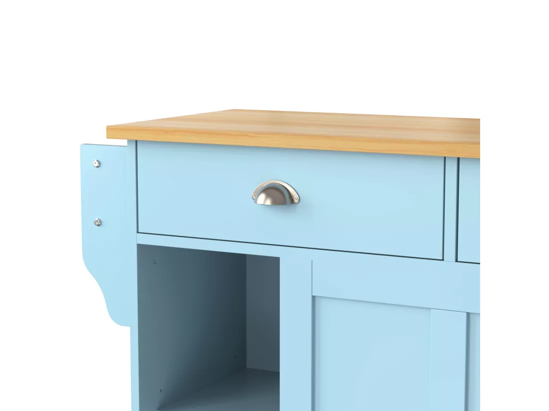 Ilot central de cuisine mobile avec 2 portes coulissantes - plateau extensible - 112x40(70)x94 cm - Bois MDF + métal - Bleu et bois