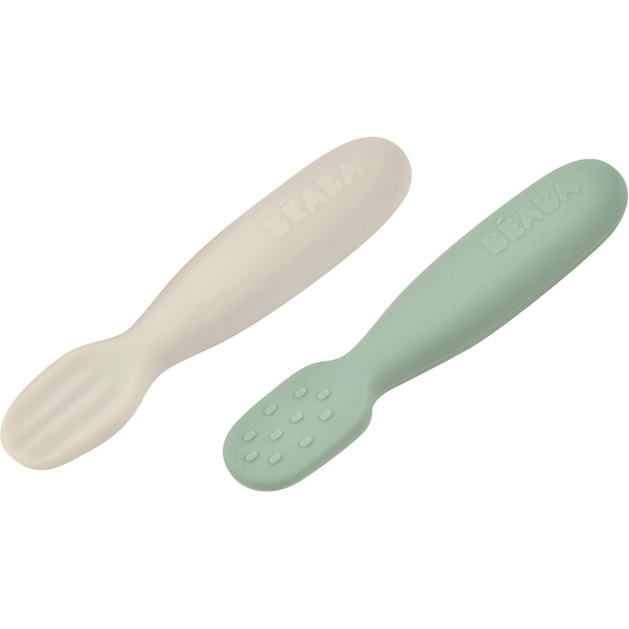 BEABA® Lernlöffel 2er Set aus Silikon salbeigrünvelvet grau