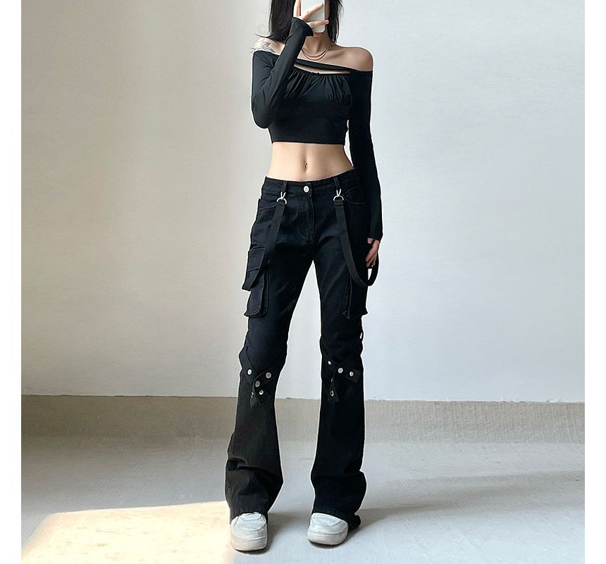 PolkaBella - Low Rise Cross Strap Bootcut Cargo Jeans