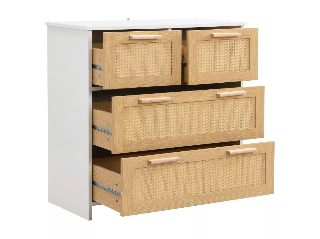 Élégant meuble 4 tiroirs en rotin, coloris naturel,d95cm×h32cm