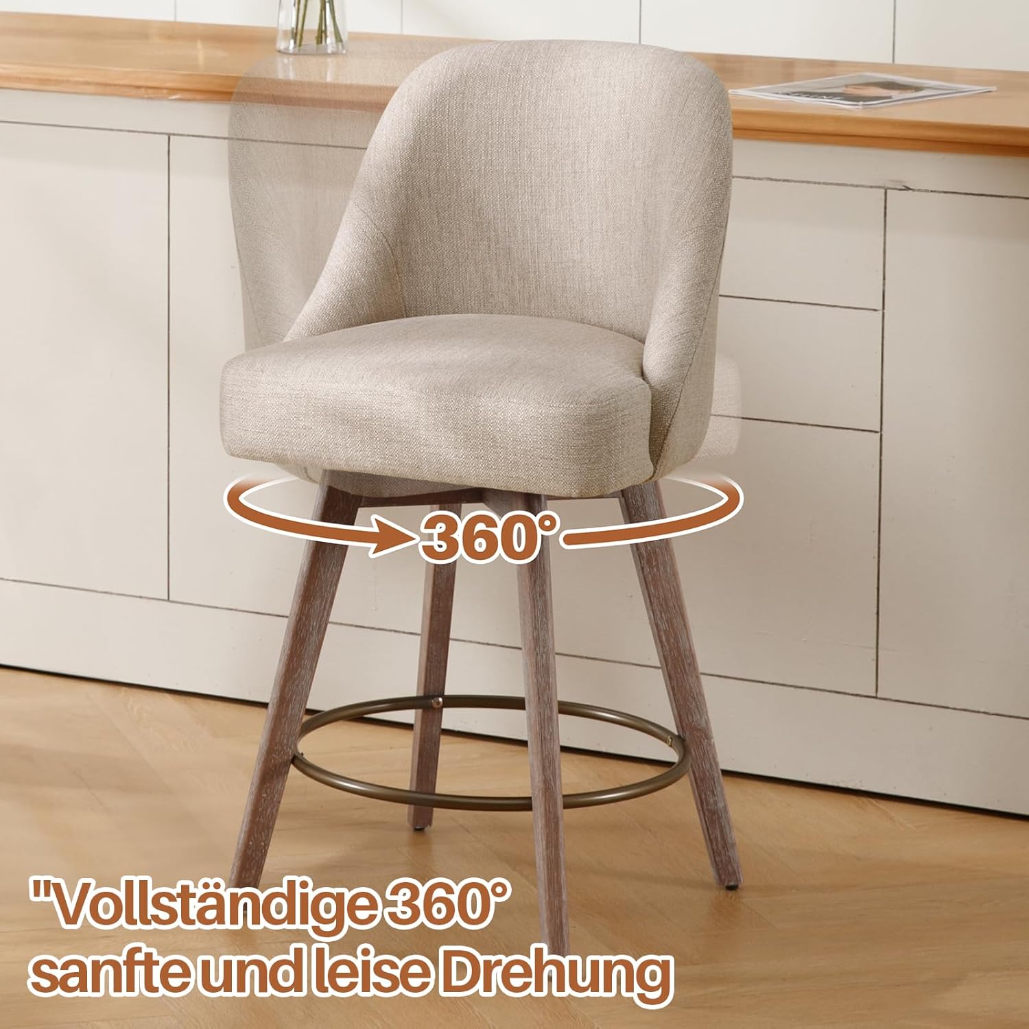Bekrvio 360°Drehbarer Barhocker 2er Set,Barhocker mit Lehne 65cm Sitzhöhe,Tresenhocker Drehhocker,Küchenstühle mit Holzbeinen & Fußstütze,Komfortabler Barstuhl mit Gepolsterter (Milchig Braun, 2PCS)