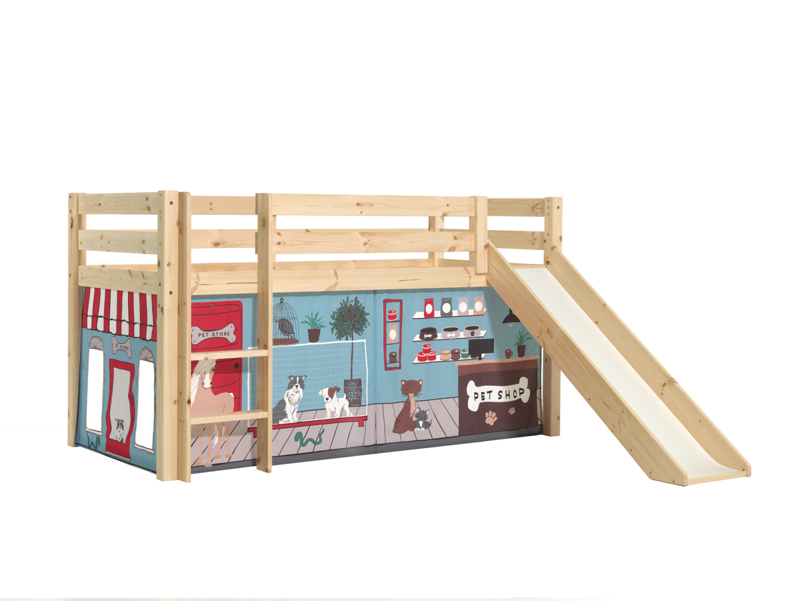 Halbhochbett PINO - PETSHOP - Kiefer natur Massivholz - mit Rutsche - 90x200 cm