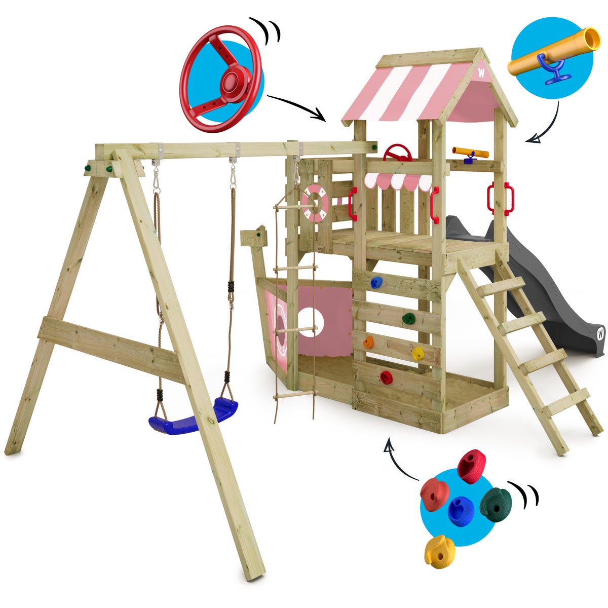 WICKEY SeaFlyer speeltoren klimtoestel met schommel en glijbaan, boomhut met zandbak, klimladder en speelaccessoires – pastelroze