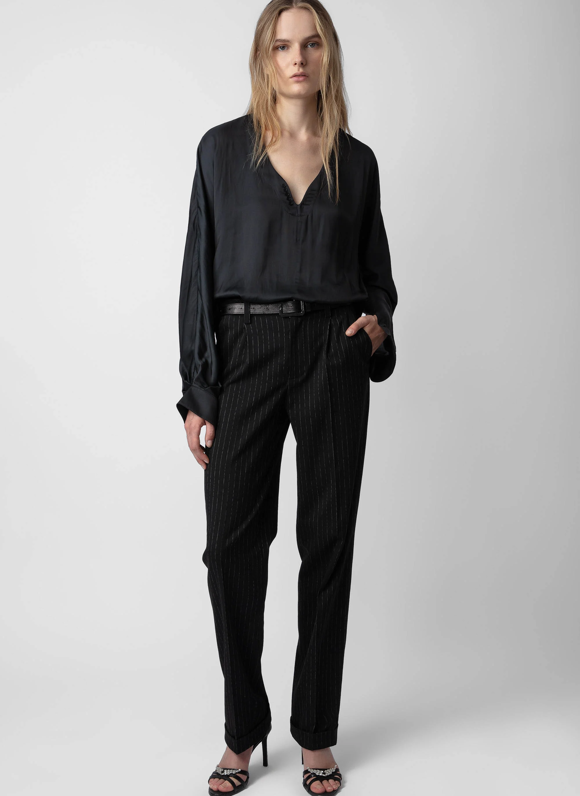 TONASTIR - Blouse ample col tunisien en satin| Noir