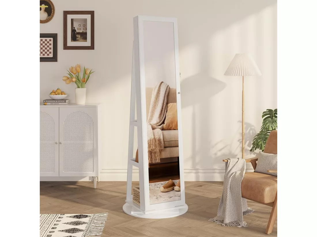 Armoire à Bijoux avec Miroir pivotante à 360°,Meuble de Rangement 3-en-1 pour cosmétiques,Placard beauté,étagères,Serrure,158x38x38cm,Blanc