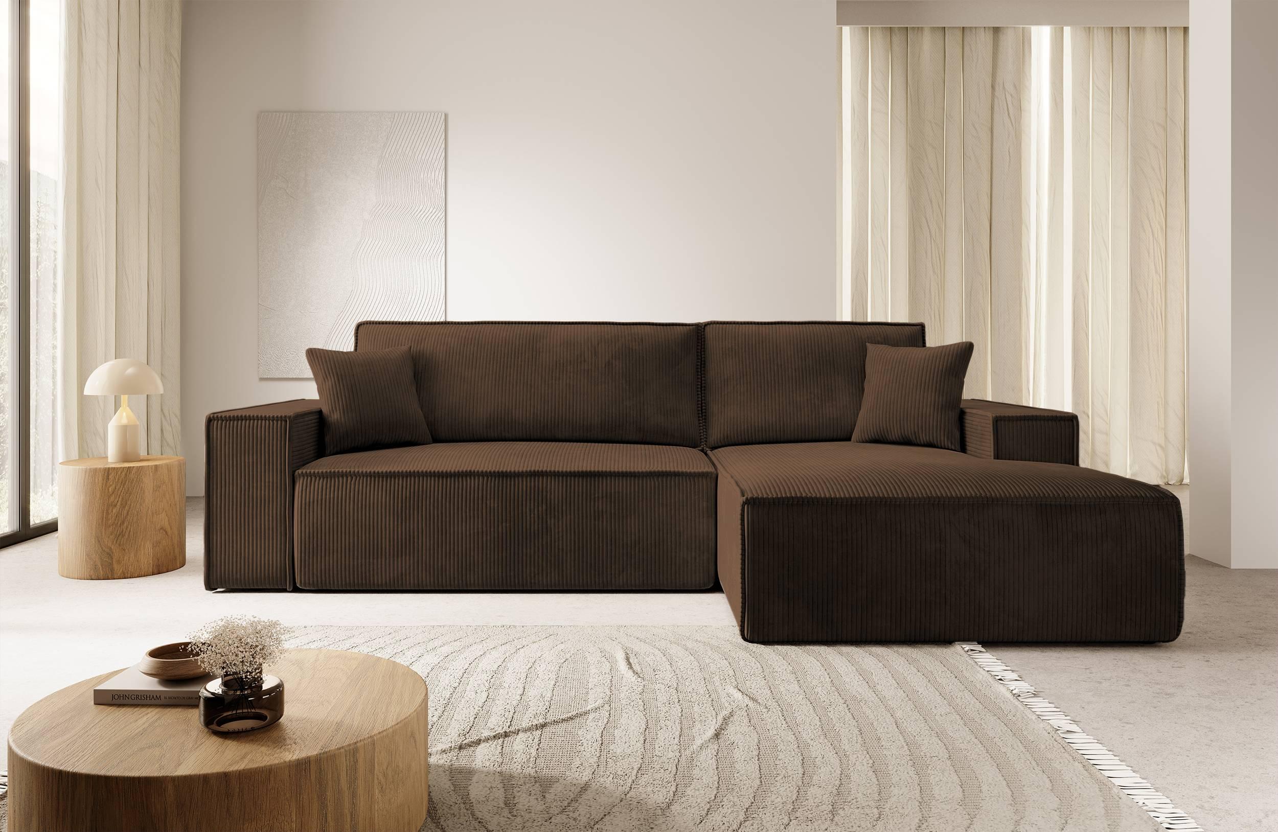 NADUVI Collection Galine Hoekbank met Chaise Longue Rechts met Slaapfunctie - Ribstof - Bruin