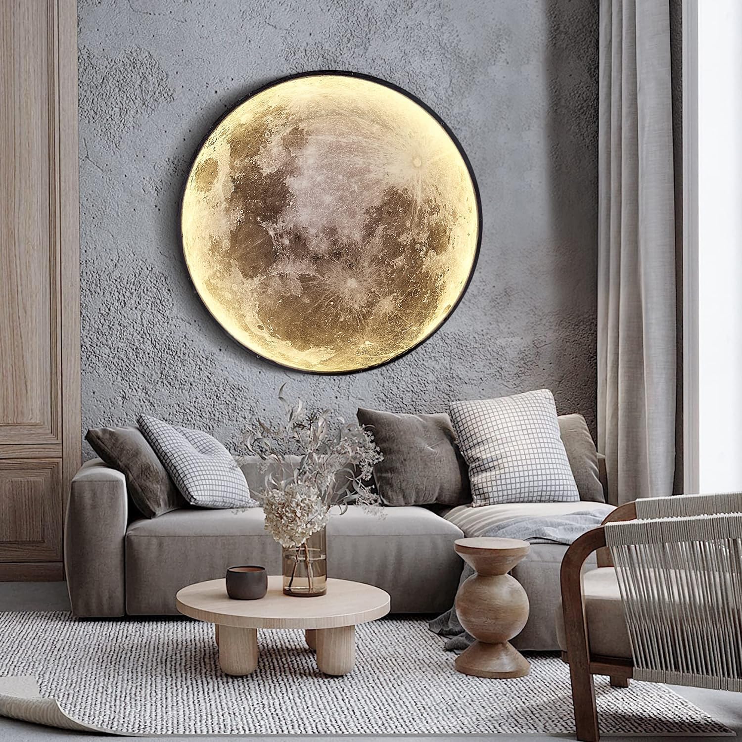 80cm 3D Mond Lampe 45W LED Wandleuchte Dimmbar mit Fernbedienung Wandlampe mit Schalter und Stecker Art Deco Wohnzimmerlampe Mond Nachtlicht Runde Wandbeleuchtung Lampe für Wohnzimmer Schlafzimmer