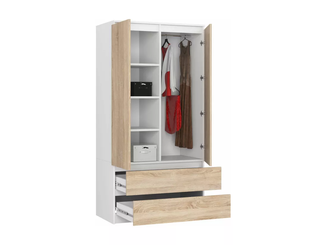 Armoire AKORD S90 Blanche 90 cm 2 portes 2 tiroirs façade Chêne Sonoma 4 étagères 90x51x180 cm