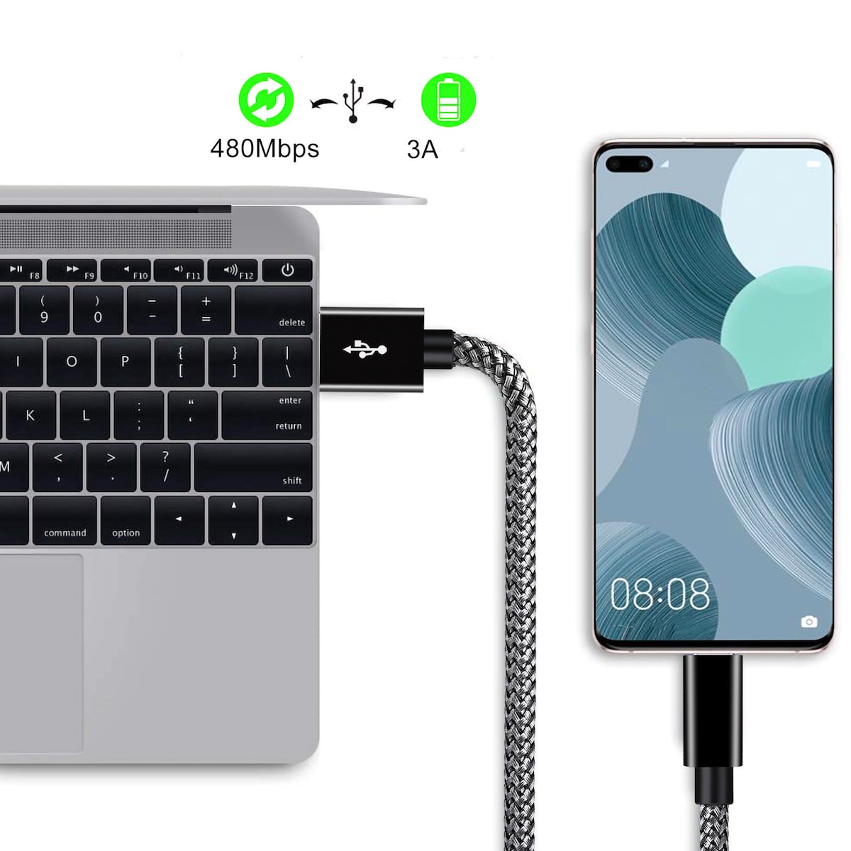 USB-A 2.0 til USB C-kabel med 3A hurtiglading Sort 1 m