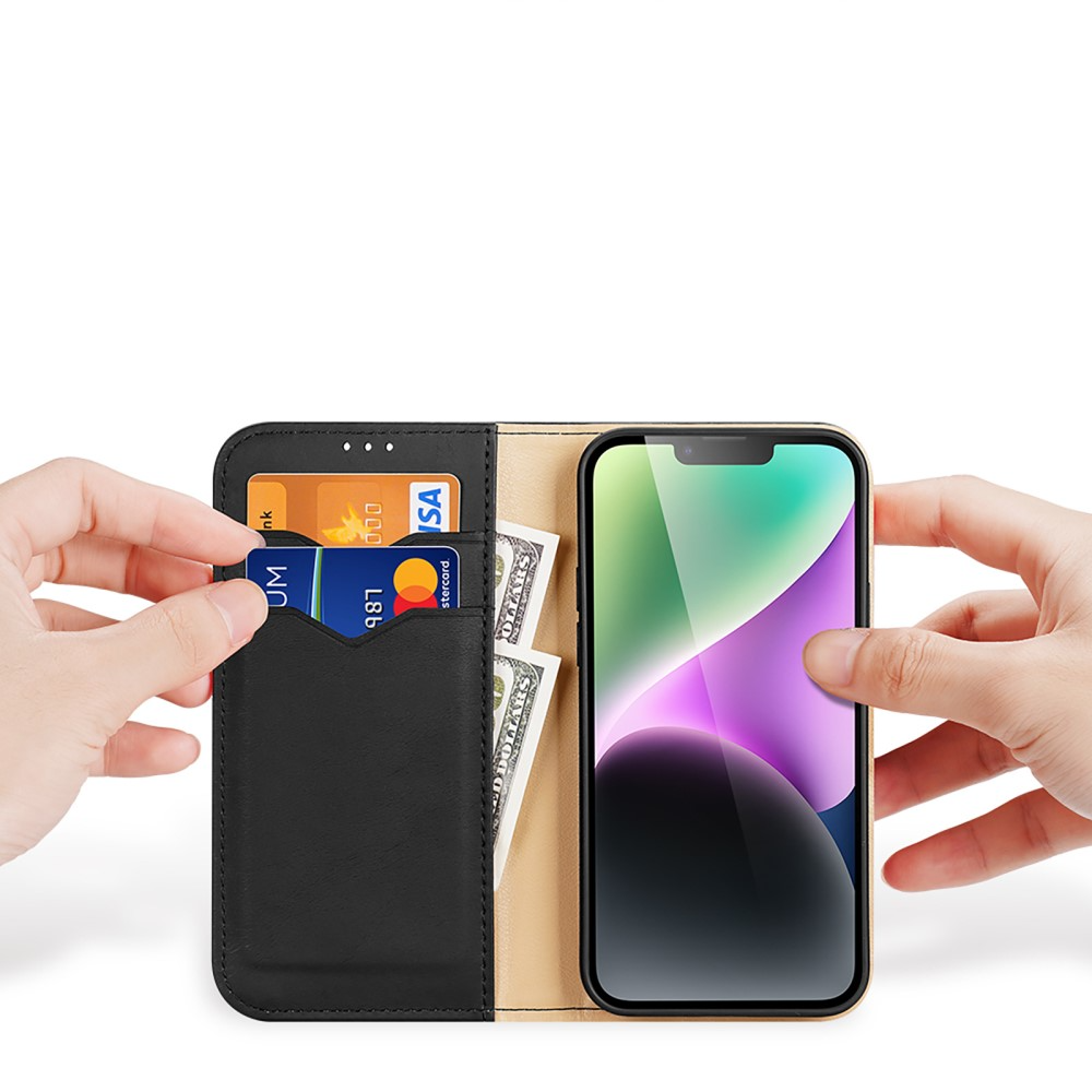 iPhone 15 Flip Wallet Cover Echtleder Tasche (RFID Schutz) - Schwarz