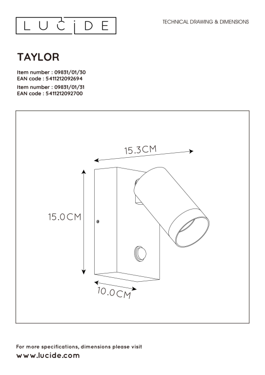 Lucide Taylor 1 wandlamp buiten IP54 zwart