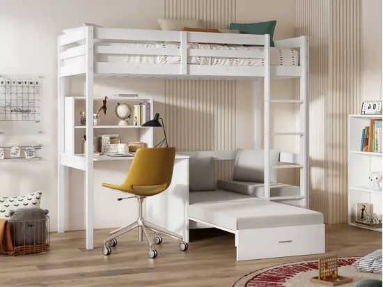 Lit mezzanine 90 x 200 cm avec bureau, sofa convertible et rangements - Pin et MDF - Blanc - GOLIATH III