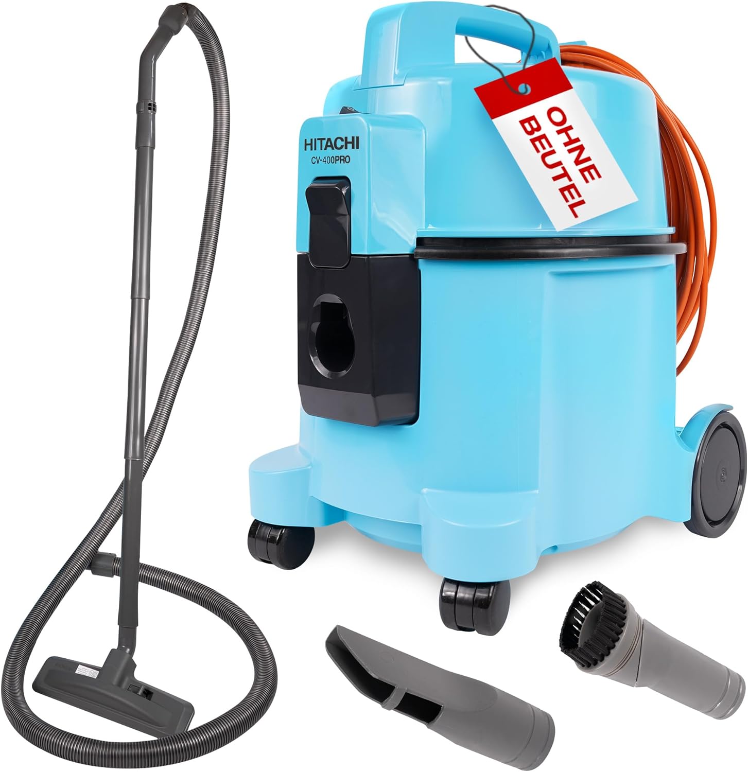 HITACHI Staubsauger CV-400 PRO mit HEPA Filter 7,5L, Beutellos - Profi Bodenstaubsauger 880W, leise 74 dB, 13m Radius, Teppichdüse & Zubehör, Gewerbesauger für Haushalt & Industrie (hellblau)
