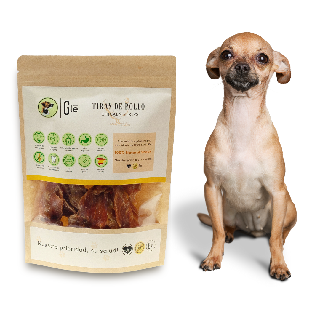 Peito de frango desidratado GLE PETS, petiscos 100% naturais para cães.