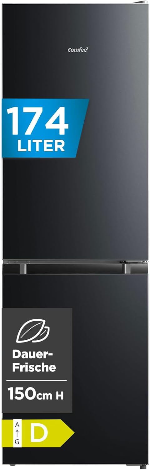 Comfee‘ Kühlschrank mit Gefrierfach RCB169DK3 | 174L Kühl-Gefrierkombination (115L Kühlteil + 59L Gefrierteil), 150 cm Höhe | 156 kWh/Jahr, Low Frost, Leise 38 dB | LED-Licht | Freistehend, Schwarz
